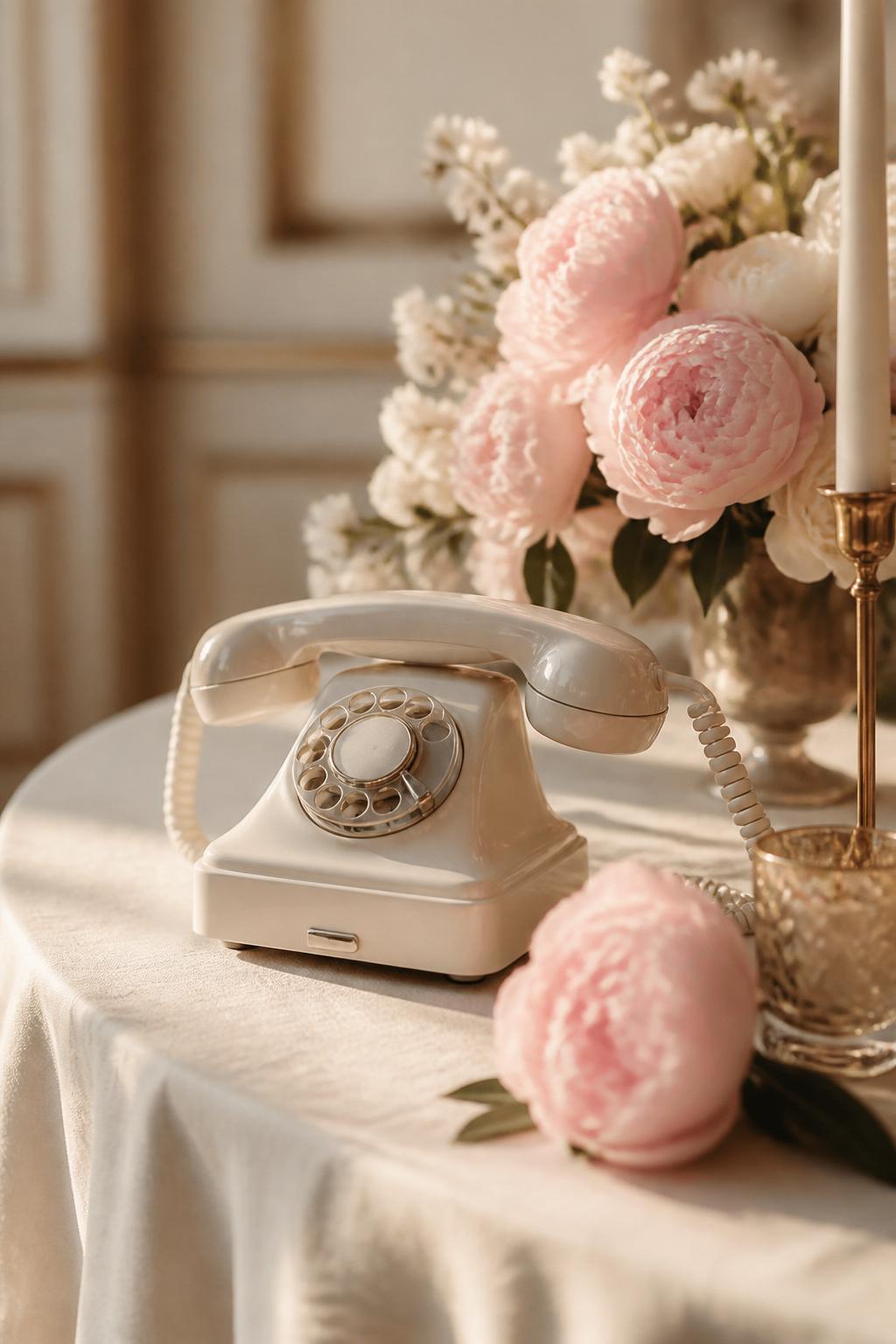 Vintage ivory rotary telephone styled as a wedding audio guestbook beside blush peonies